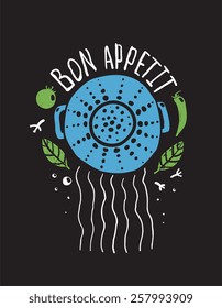 Bon Appetit Pasta Design with Colander and Lettering Colored on Black. Food and kitchen label for pasta. Vector illustration EPS10.