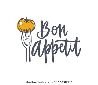 Bon Appetit phrase handwritten with cursive calligraphic font and decorated by tomato on fork. Elegant lettering and food isolated on white background. Hand drawn realistic vector illustration.