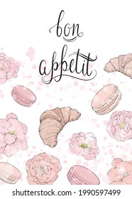 Bon appetit poster with croissants and macaroons