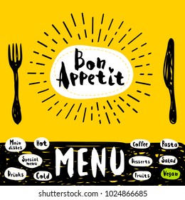 Bon Appetit poster with fork and knife. Lettering, calligraphy logo, sketch style, light rays, heart, menu, coffee; deserts, pasta, vegan, drinks. Hand drawn vector illustration.