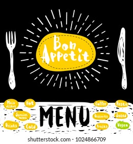 Bon Appetit poster with fork and knife. Lettering, calligraphy logo, sketch style, light rays, heart, menu, coffee; deserts, pasta, vegan, drinks. Hand drawn vector illustration.