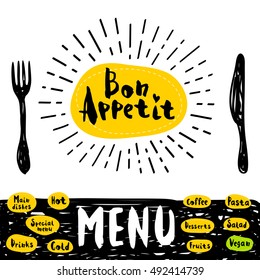 Bonappetit Poster mit Gabel und Messer. Briefe, kalligrafisches Logo, Skizzenstil, Lichtstrahlen, Herz, Menü, Kaffee; Wüsten, Nudeln, Vegan, Getränke. Handgezeichnete Vektorgrafik.