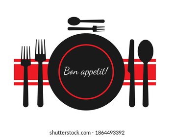 Bon appetit! A set of dishes for a meal. Vector illustration.