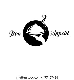 Bon Appetit sign. Vector logo icon template for restaurants, cafe and any business. Image of a tray with smoke under lid, isolated on white background. Flat design. Black and white graphics.