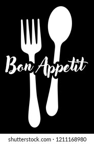Bon Appetit, Spoon, and Fork Typography Lettering Stock Vector Illustration In Black Background
