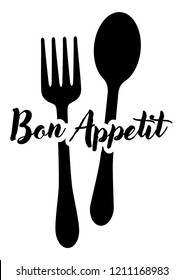 Bon Appetit, Spoon, and Fork Typography Lettering Stock Vector Illustration