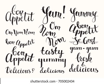 Bon appetit, tasty, delicious, fresh, yummy, yum-yum brush typography. Modern food label & cooking lettering design for menu, flyer, banner, poster, sticker, packaging templates. Isolated vector set.