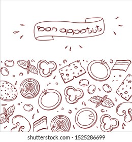 Bon, appetit, tasty set ingredients or toppings for Italian pizza, cut into slices or pieces, drawing or sketchy style of tasty pizza with vegetables. Fresh pizza with meat and veggies, vector