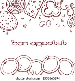 Bon, appetit, tasty set ingredients or toppings for Italian pizza, cut into slices or pieces, drawing or sketchy style of tasty pizza with vegetables. Fresh pizza with meat and veggies, vector