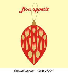 Bon appetit, texto . El juguete del árbol de Navidad en forma de cono está decorado con siluetas de Cutlery. El concepto de vacaciones, diseño para restaurante, cafetería