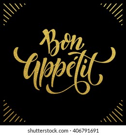 Bon Appetit text. Gold text on black background. Vector illustration.