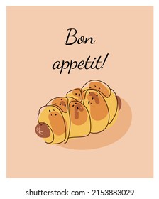 Bon appetite. Appetizing hot dog bun. Lunchtime snack.Street food. Fast food. Cartoon vector illustration isolated on white background.