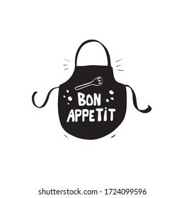 Bon appetite bold lettering with black apron illustration. Hand drawn vector illustration. Perfect for logo, label, badges, icon. Isolated white and black