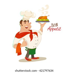 Bon appetite chef cartoon character. Vector illustration. Smile restaurant cook with dish plate. Typography and chef for catering mascot.