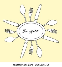 Bon appetite . Dish and cutlery for the design of the menu. Vector illustration black and white