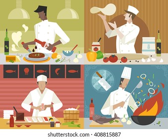 Bon appetite. four chef cooking.  vector design