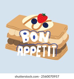 Bon appetite. French pastries for bakery menu design. Bakery food set. Retro cartoon stickers for bakery and coffee shops. French croissant, bagel, sandwich, toast with poached egg, millefeuille