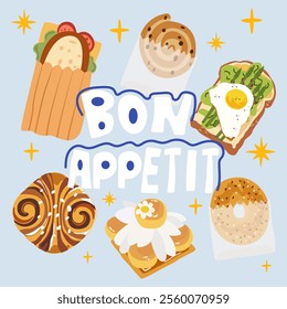 Bon appetite. French pastries for bakery menu design. Bakery food set. Retro cartoon stickers for bakery and coffee shops. French croissant, bagel, sandwich, toast with poached egg, millefeuille