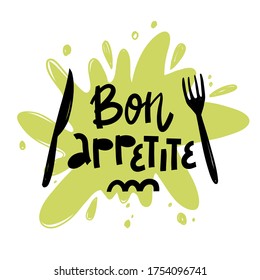 "Bon appetite" handwritten lettering. Calligraphy lettering, logo for Cooking school, culinary classes. Hand drawn vector illustration. Isolated on white.