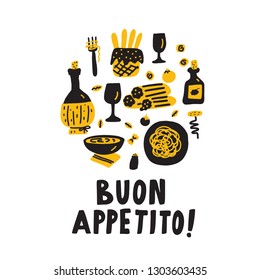 Bon appetite in italian. Doodle illustration of traditional italian food in circle. Vector illustration