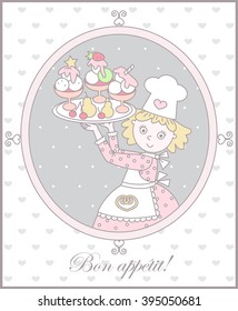  Bon appetite! Postcard Cafes. Cute cartoon girl chef with a tray. Tray with ice cream and fruit.. Vector