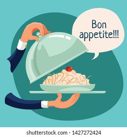 Bon appetite.  Spaghetti on a plate in the hands of a waiter.  Isolated flat illustration on white background.