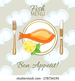 Bon Appetit.Table setting.Dish of red fish and cutlery on seamless background.