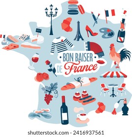 Bon baiser de France, french Symbols on a map. Blue and red pictograms in a flat design. Vector illustrations on a white background. Culture, art, food, cheese and wine and champagne