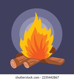 Bon fire or camp fire in dark background vector illustration. Pictogram drawing with cartoon flat art style isolated on dark gray background with square shaped template.