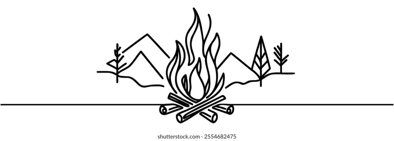 Bon fire single line art, continuous one line drawing of Isolated outline vector