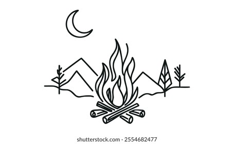 Bon fire single line art, continuous one line drawing of Isolated outline vector