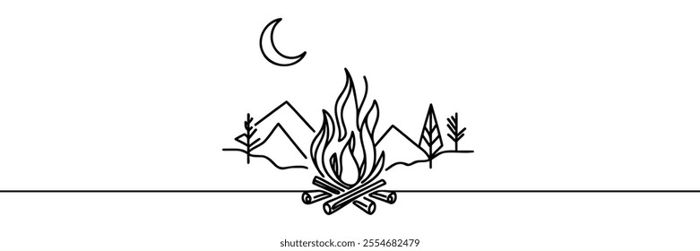 Bon fire single line art, continuous one line drawing of Isolated outline vector