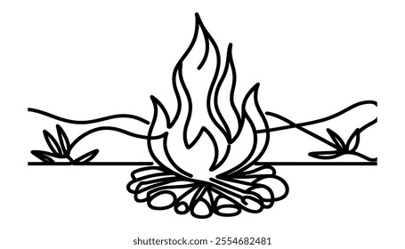 Bon fire single line art, continuous one line drawing of Isolated outline vector