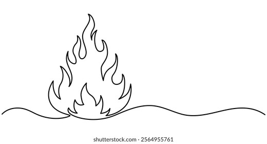 Bon fire single line art, continuous one line drawing of Isolated outline vector, Continuous line drawing of fire. Flame linear icon. One line drawing background. Vector illustration. Fire continuous.