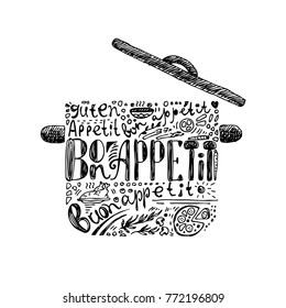 Bon appétit graphic lettering pot isolated on white background