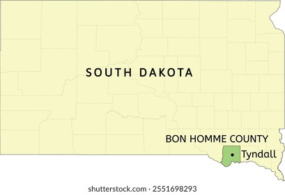 Bon Homme County and city of Tyndall location on South Dakota state map