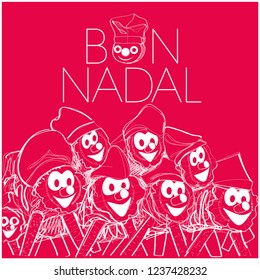 Bon Nadal - Merry Christmas lettering written in catalan and hand drawn tio de Nadal, or Christmas Log. Flat vector illustration for posters, prints, cards, seasonal design, decoration, events, web.