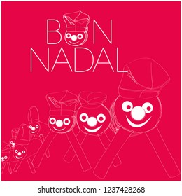 Bon Nadal - Merry Christmas lettering written in catalan and hand drawn tio de Nadal, or Christmas Log. Flat vector illustration for seasonal design, decoration, cards, posters, prints, events, web.