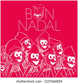 Bon Nadal - Merry Christmas lettering written in catalan and hand drawn tio de Nadal, or Christmas Log. Flat vector illustration for cards, posters, prints, events, seasonal design, decoration, web.