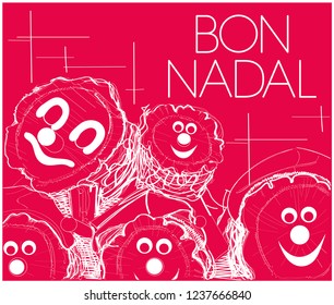 Bon Nadal - Merry Christmas lettering written in catalan and hand drawn tio de Nadal, or Christmas Log. Flat vector illustration for cards, posters, prints, seasonal design, decoration, events, web.