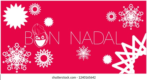 Bon Nadal - Merry Christmas lettering written in catalan and hand drawn tio de Nadal, or Christmas Log. Flat vector illustration for seasonal design and decoration, prints, posters, postcards, web.
