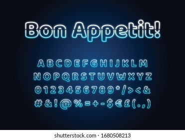 Bon app?tit neon light font template. Blue illuminated vector alphabet set. Bright capital letters, numbers and symbols with outer glowing effect. Nightlife typography. Restaurant typeface design