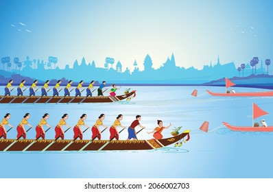 Bon Om Touk, Cambodia Traditional Boat Racing on water festival Group Women, Cambodia water festival Facebook post template with colorful design, Water festival for social media design template