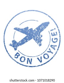 Bon voyage blue grunge rubber stamp with airplane.