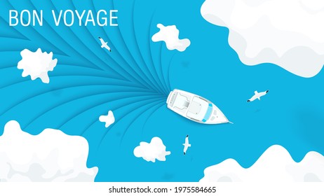 Bon voyage. Blue sea and clear sky top view with a sailing yacht. Paper art design. Vector template