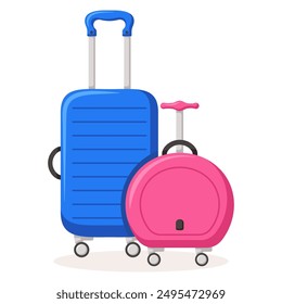 Bon Voyage concept. Traveling suitcases and bags on wheels. Cabin luggage and check in baggage