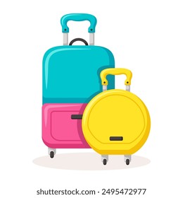 Bon Voyage concept. Traveling suitcases and bags on wheels. Cabin luggage and check in baggage