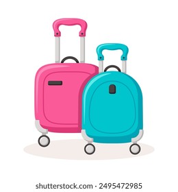 Bon Voyage concept. Traveling suitcases and bags on wheels. Cabin luggage and check in baggage