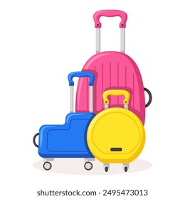 Bon Voyage concept. Traveling suitcases and bags on wheels. Cabin luggage and check in baggage