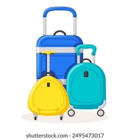 Bon Voyage concept. Traveling suitcases and bags on wheels. Cabin luggage and check in baggage